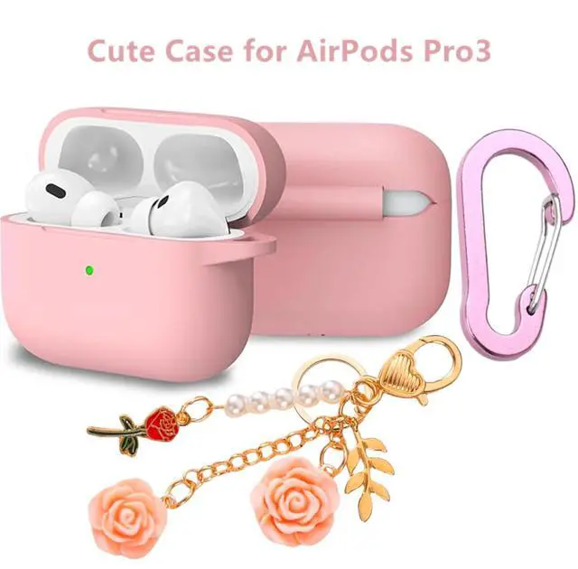 Alt view image 4 of 7 - for Airpods Pro 3 Case with Cute Keychain,Silicone Shockproof Protective Cover Charms Flowers for Apple Airpod Pro 3rd Generation Case Charging Headphone Case Cover for Women Girl (Pink)