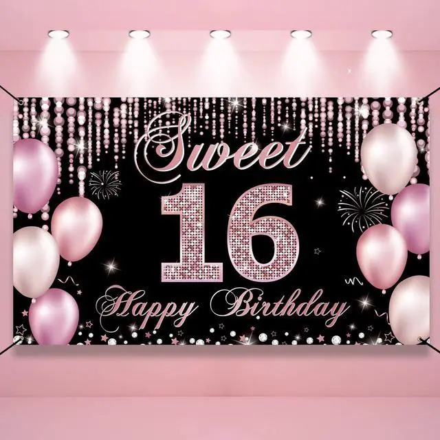 Main image of Sweet 16 Birthday Decorations, Happy 16th Birthday Banner Backdrop for Girls, Pink Sweet Sixteen Party Yard Sign Decor, Sweet 16 Photo Booth Props Background, Fabric, 6.1ft x 3.6ft