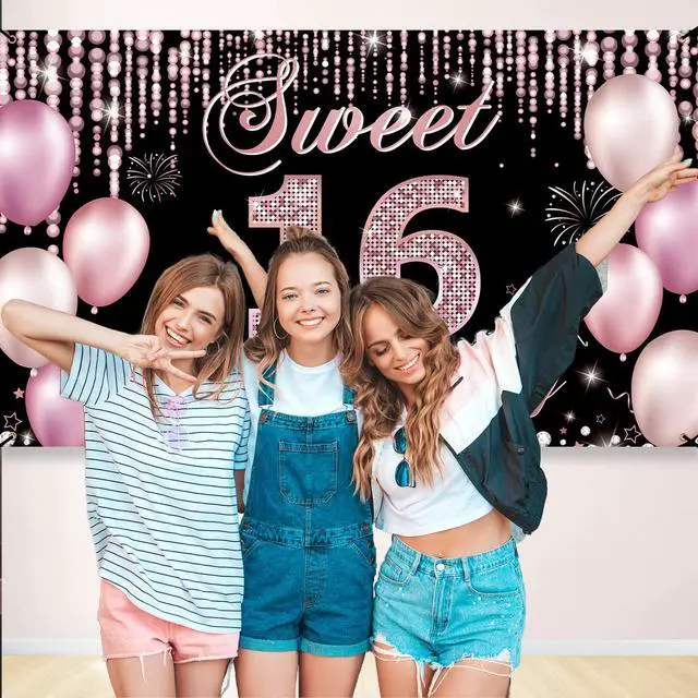 Alt view image 5 of 6 - Sweet 16 Birthday Decorations, Happy 16th Birthday Banner Backdrop for Girls, Pink Sweet Sixteen Party Yard Sign Decor, Sweet 16 Photo Booth Props Background, Fabric, 6.1ft x 3.6ft