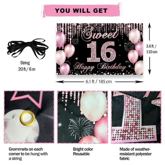Alt view image 2 of 6 - Sweet 16 Birthday Decorations, Happy 16th Birthday Banner Backdrop for Girls, Pink Sweet Sixteen Party Yard Sign Decor, Sweet 16 Photo Booth Props Background, Fabric, 6.1ft x 3.6ft