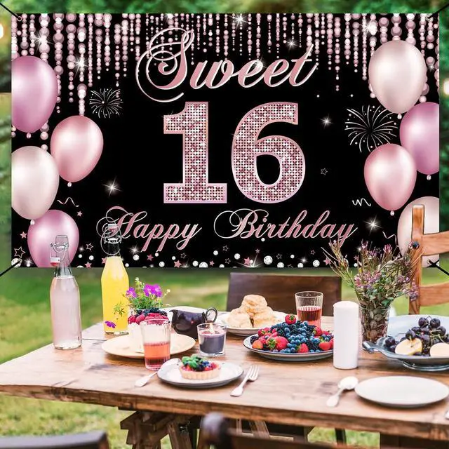 Alt view image 4 of 6 - Sweet 16 Birthday Decorations, Happy 16th Birthday Banner Backdrop for Girls, Pink Sweet Sixteen Party Yard Sign Decor, Sweet 16 Photo Booth Props Background, Fabric, 6.1ft x 3.6ft