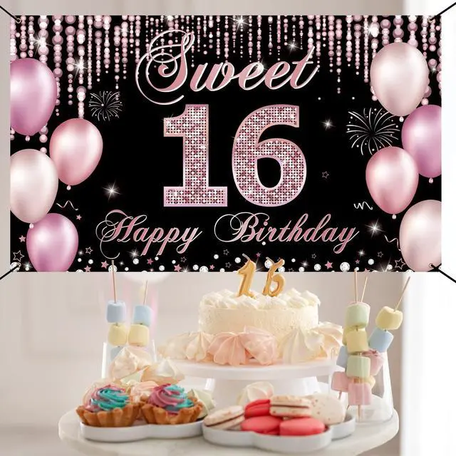Alt view image 3 of 6 - Sweet 16 Birthday Decorations, Happy 16th Birthday Banner Backdrop for Girls, Pink Sweet Sixteen Party Yard Sign Decor, Sweet 16 Photo Booth Props Background, Fabric, 6.1ft x 3.6ft
