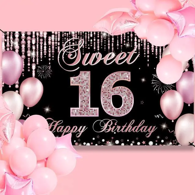Alt view image 6 of 6 - Sweet 16 Birthday Decorations, Happy 16th Birthday Banner Backdrop for Girls, Pink Sweet Sixteen Party Yard Sign Decor, Sweet 16 Photo Booth Props Background, Fabric, 6.1ft x 3.6ft