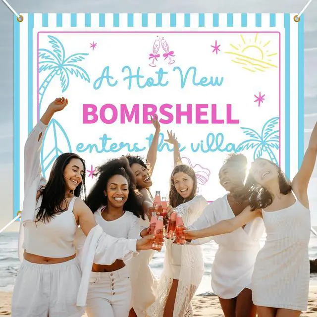 Alt view image 6 of 6 - Bach Island Bachelorette Party Decorations, A Hot New Bombshell Enter The Villa Backdrop, Tropical Island Bridal Shower & Engagement Party Supplies