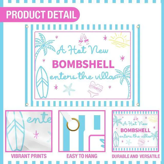 Alt view image 3 of 6 - Bach Island Bachelorette Party Decorations, A Hot New Bombshell Enter The Villa Backdrop, Tropical Island Bridal Shower & Engagement Party Supplies