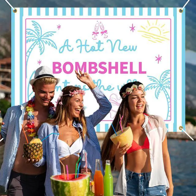 Alt view image 4 of 6 - Bach Island Bachelorette Party Decorations, A Hot New Bombshell Enter The Villa Backdrop, Tropical Island Bridal Shower & Engagement Party Supplies