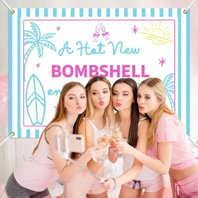 Alt view image 5 of 6 - Bach Island Bachelorette Party Decorations, A Hot New Bombshell Enter The Villa Backdrop, Tropical Island Bridal Shower & Engagement Party Supplies