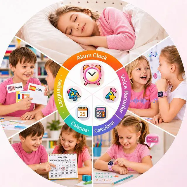 Alt view image 7 of 7 - Kids Smart Watch for Boys Girls 1.54" Smartwatch Pink | 26 Puzzle Games, Camera, Video Player, Pedometer, Flashlight, Educational Gift for Kids Ages 4-12