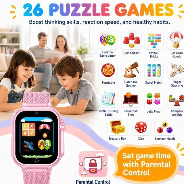 Alt view image 5 of 7 - Kids Smart Watch for Boys Girls 1.54" Smartwatch Pink | 26 Puzzle Games, Camera, Video Player, Pedometer, Flashlight, Educational Gift for Kids Ages 4-12