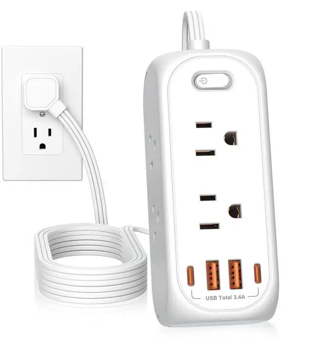 Main image of 6 Outlet Power Strip with Surge Protector & ETL Listed, 5ft Extension Cord, 4 USB Ports (3A+1C), Flat Plug, 1250W/10A, Wall Mount, Multi Outlet Extender for Home Office Dorm - White