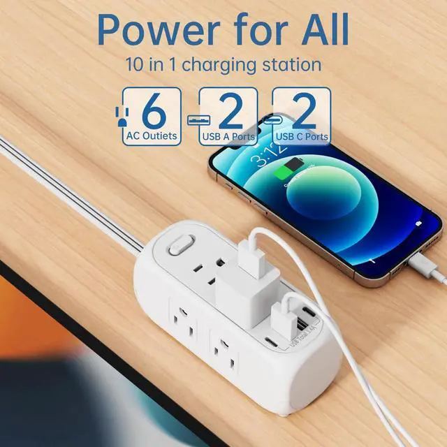 Alt view image 2 of 7 - 6 Outlet Power Strip with Surge Protector & ETL Listed, 5ft Extension Cord, 4 USB Ports (3A+1C), Flat Plug, 1250W/10A, Wall Mount, Multi Outlet Extender for Home Office Dorm - White