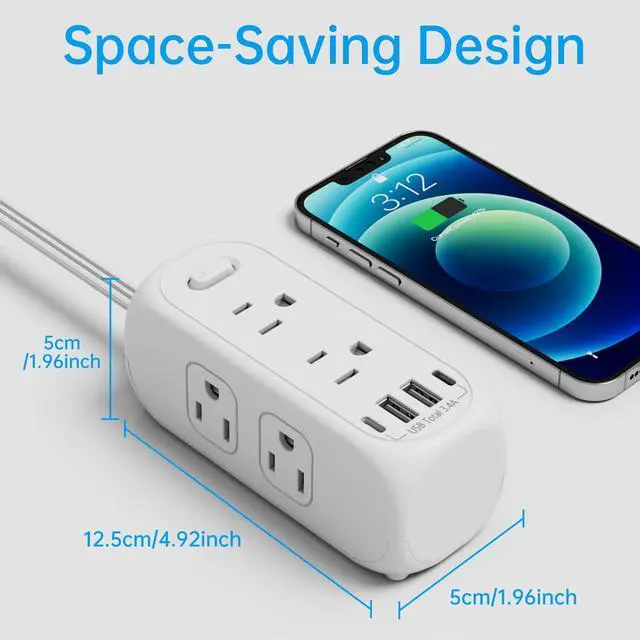 Alt view image 5 of 7 - 6 Outlet Power Strip with Surge Protector & ETL Listed, 5ft Extension Cord, 4 USB Ports (3A+1C), Flat Plug, 1250W/10A, Wall Mount, Multi Outlet Extender for Home Office Dorm - White