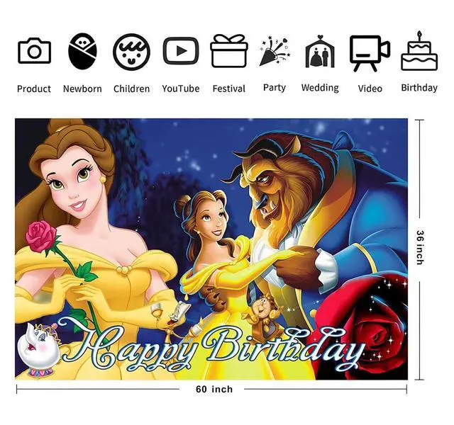 Alt view image 3 of 4 - Beauty & Beast Wall Decor Backdrop for Girls Birthday Decorations, Beauty & Beast Banner for Birthday Party Supplies (5x3ft)