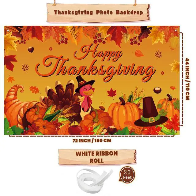 Alt view image 2 of 7 - Happy Thanksgiving Photo Backdrop, Fall Maple Leaves Turkey Pumpkin Themed Banner for Thanksgiving Party Decorations, 71x43 Inches