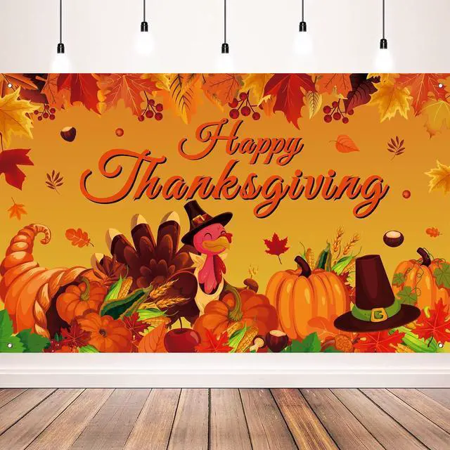 Main image of Happy Thanksgiving Photo Backdrop, Fall Maple Leaves Turkey Pumpkin Themed Banner for Thanksgiving Party Decorations, 71x43 Inches