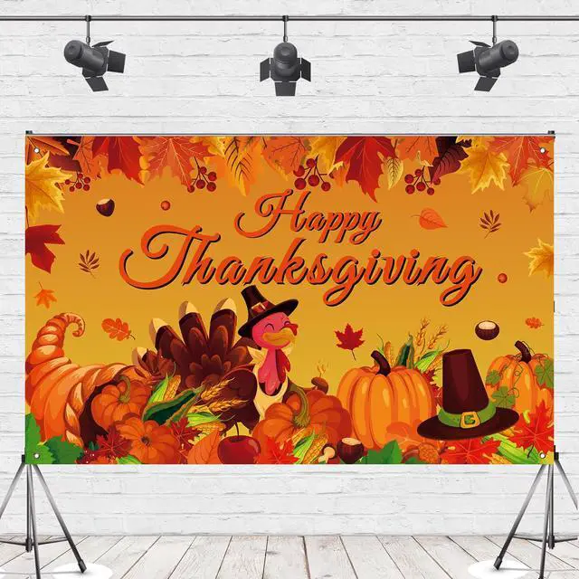 Alt view image 4 of 7 - Happy Thanksgiving Photo Backdrop, Fall Maple Leaves Turkey Pumpkin Themed Banner for Thanksgiving Party Decorations, 71x43 Inches