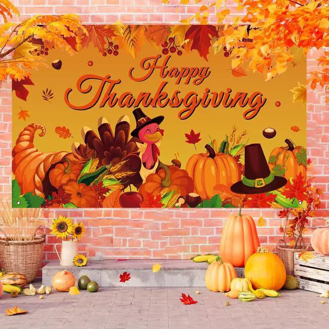 Alt view image 5 of 7 - Happy Thanksgiving Photo Backdrop, Fall Maple Leaves Turkey Pumpkin Themed Banner for Thanksgiving Party Decorations, 71x43 Inches