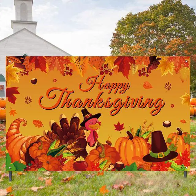 Alt view image 6 of 7 - Happy Thanksgiving Photo Backdrop, Fall Maple Leaves Turkey Pumpkin Themed Banner for Thanksgiving Party Decorations, 71x43 Inches
