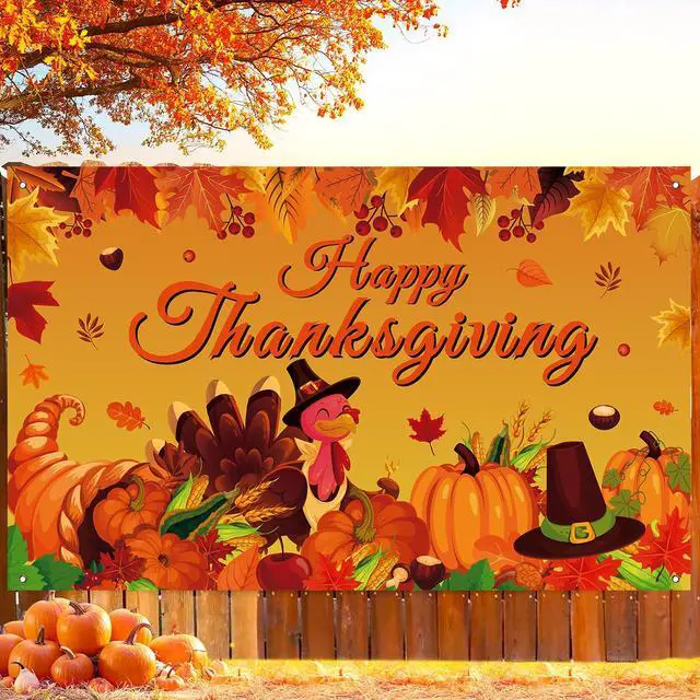 Alt view image 3 of 7 - Happy Thanksgiving Photo Backdrop, Fall Maple Leaves Turkey Pumpkin Themed Banner for Thanksgiving Party Decorations, 71x43 Inches