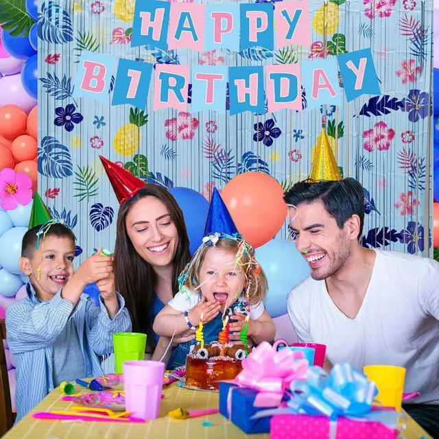 Alt view image 2 of 5 - Hawaiian Element Pattern Birthday Party Supplies 3 Pack Foil Fringe Curtains Tinsel Animation Themed Photo Backdrop Streamers Cartoon Birthday Party Decorations