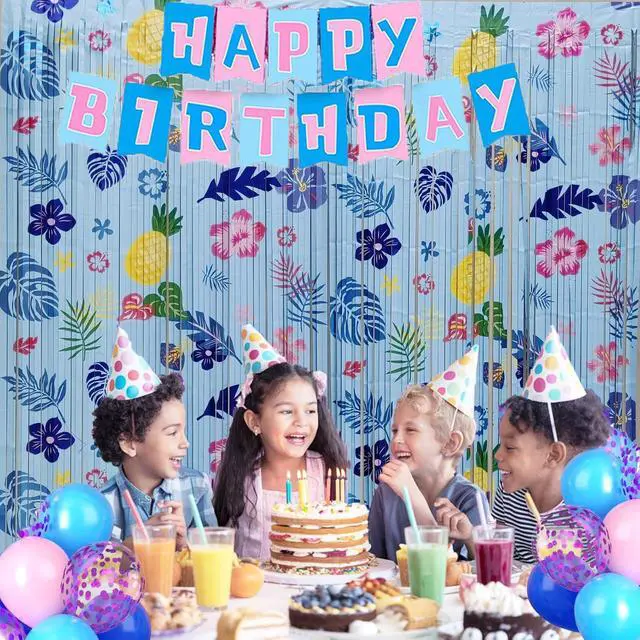 Alt view image 4 of 5 - Hawaiian Element Pattern Birthday Party Supplies 3 Pack Foil Fringe Curtains Tinsel Animation Themed Photo Backdrop Streamers Cartoon Birthday Party Decorations