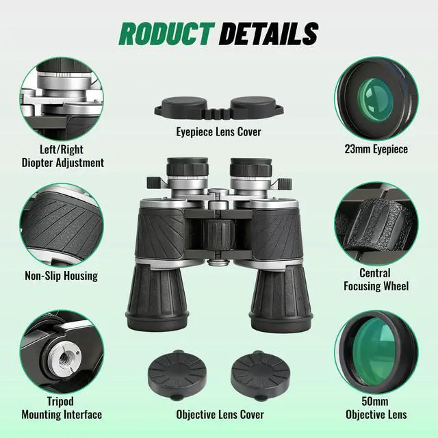 Alt view image 3 of 6 - 10x50 Binoculars with Independent Eyepiece Adjustment for Outdoor | Waterproof Compact Binoculars, with Low Light Vision for Bird Watching Hunting Camping Travel Cruise Hiking Sports Stargazing