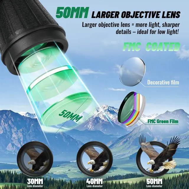 Alt view image 4 of 6 - 10x50 Binoculars with Independent Eyepiece Adjustment for Outdoor | Waterproof Compact Binoculars, with Low Light Vision for Bird Watching Hunting Camping Travel Cruise Hiking Sports Stargazing