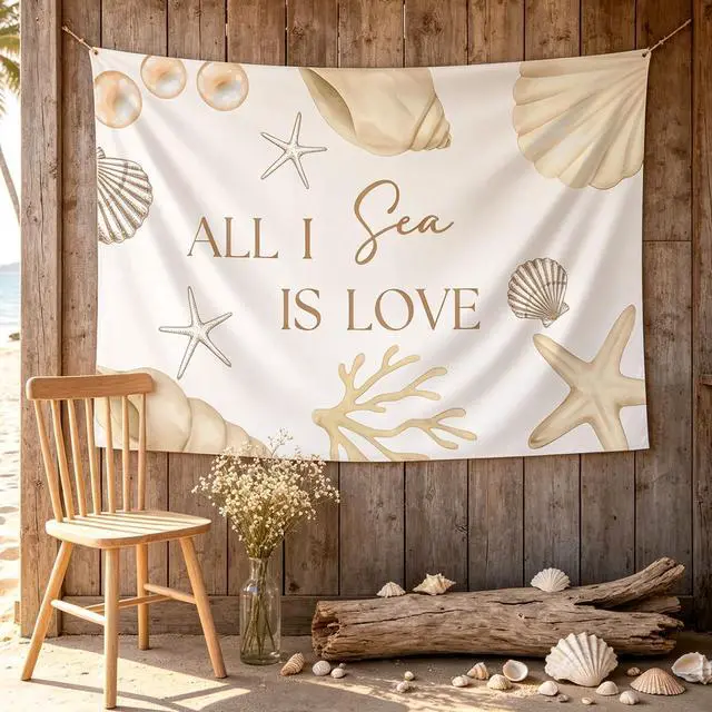 Main image of All I Sea is Love Backdrop Banner Beach Seashell Bridal Shower Decorations | Beach Wedding Decorations Coastal Bachelorette Party Supplies for Surf Summer Seaside Engagement Wedding Party 5x3ft