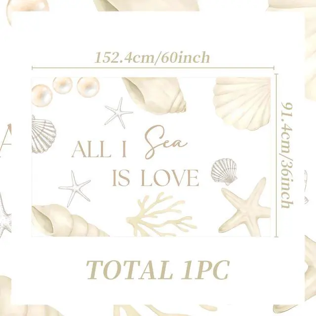 Alt view image 2 of 7 - All I Sea is Love Backdrop Banner Beach Seashell Bridal Shower Decorations | Beach Wedding Decorations Coastal Bachelorette Party Supplies for Surf Summer Seaside Engagement Wedding Party 5x3ft