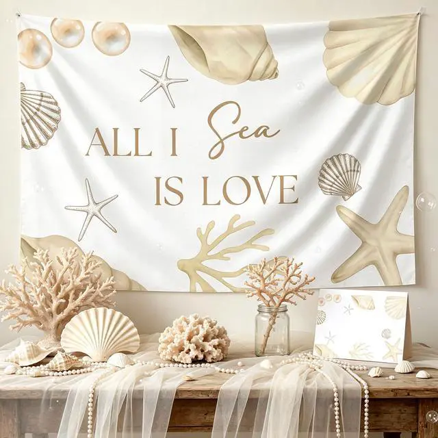 Alt view image 5 of 7 - All I Sea is Love Backdrop Banner Beach Seashell Bridal Shower Decorations | Beach Wedding Decorations Coastal Bachelorette Party Supplies for Surf Summer Seaside Engagement Wedding Party 5x3ft