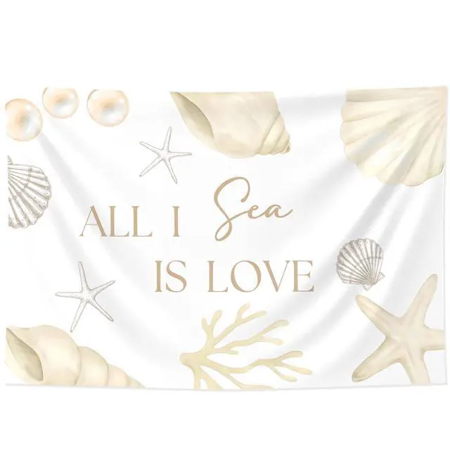 Alt view image 4 of 7 - All I Sea is Love Backdrop Banner Beach Seashell Bridal Shower Decorations | Beach Wedding Decorations Coastal Bachelorette Party Supplies for Surf Summer Seaside Engagement Wedding Party 5x3ft