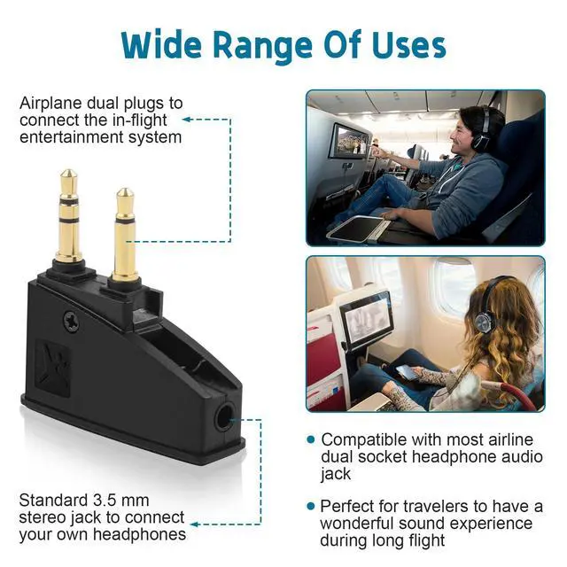 Alt view image 5 of 7 - Airplane Headphone Adapter Comes with 2.5mm to 3.5mm Male Audio AUX Cable, Golden Plated 3.5mm Jack for Airplane/Home TV/Gym/Boats/Car, Foldable Single/Double Gold Plug