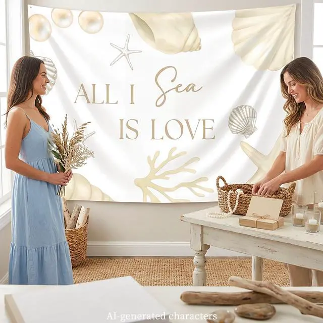 Alt view image 7 of 7 - All I Sea is Love Backdrop Banner Beach Seashell Bridal Shower Decorations | Beach Wedding Decorations Coastal Bachelorette Party Supplies for Surf Summer Seaside Engagement Wedding Party 5x3ft