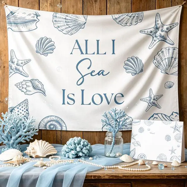 Main image of All I Sea is Love Backdrop Banner Beach Seashell Bridal Shower Decorations | Beach Wedding Decorations Coastal Bachelorette Party Supplies for Surf Summer Seaside Engagement Wedding Party 5x3ft