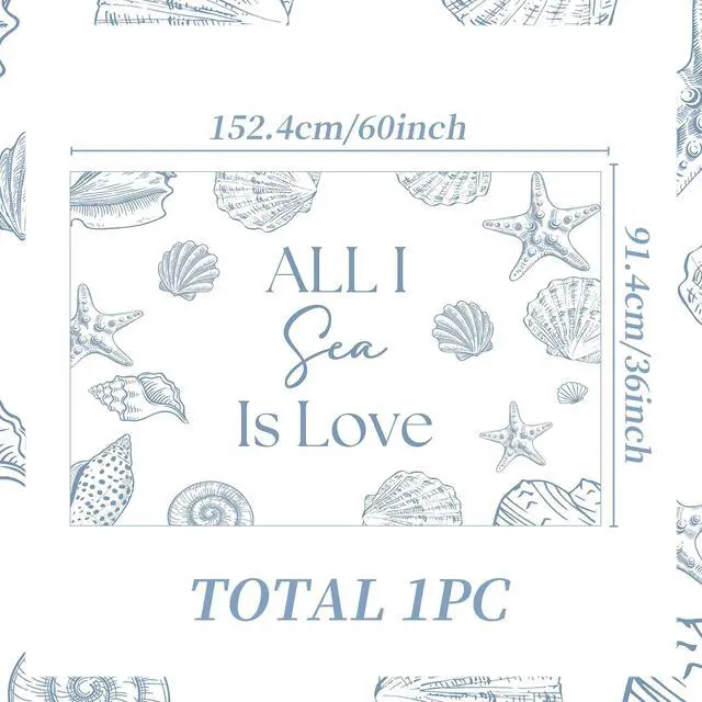 Alt view image 2 of 7 - All I Sea is Love Backdrop Banner Beach Seashell Bridal Shower Decorations | Beach Wedding Decorations Coastal Bachelorette Party Supplies for Surf Summer Seaside Engagement Wedding Party 5x3ft