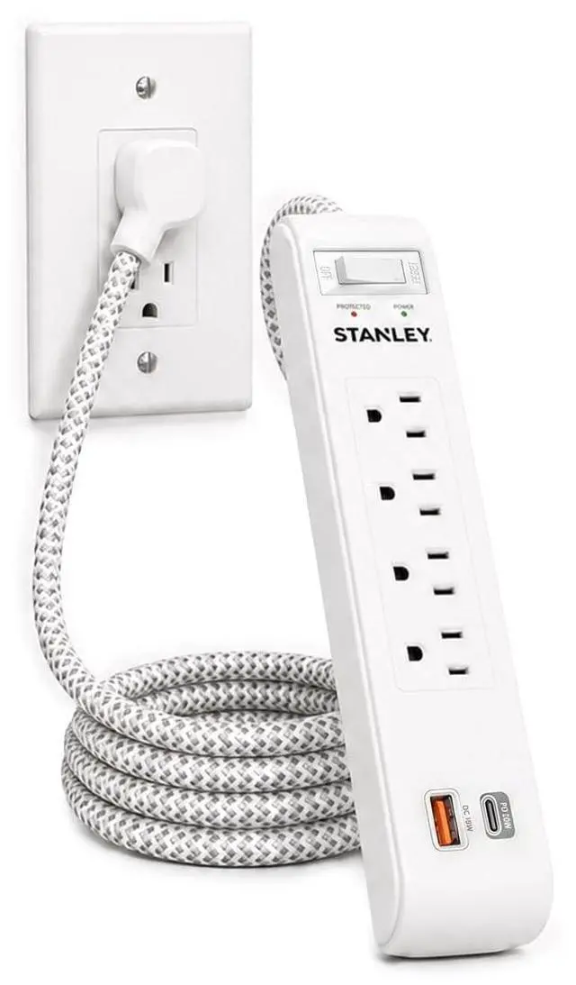 Main image of Surgemax Surge Protector Power Strip 4 Grounded Outlets 1 USB-C 1 USB-A Ports 600 Joules Surge Protection 6 Ft Fabric Braided Cord AWG 14/3 125V/15A 1875W Circuit Breaker Cord White ETL Listed