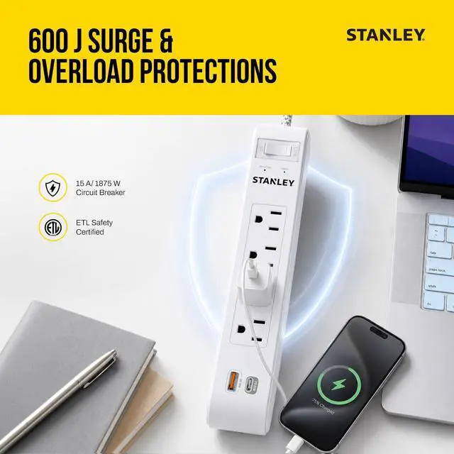 Alt view image 2 of 6 - Surgemax Surge Protector Power Strip 4 Grounded Outlets 1 USB-C 1 USB-A Ports 600 Joules Surge Protection 6 Ft Fabric Braided Cord AWG 14/3 125V/15A 1875W Circuit Breaker Cord White ETL Listed
