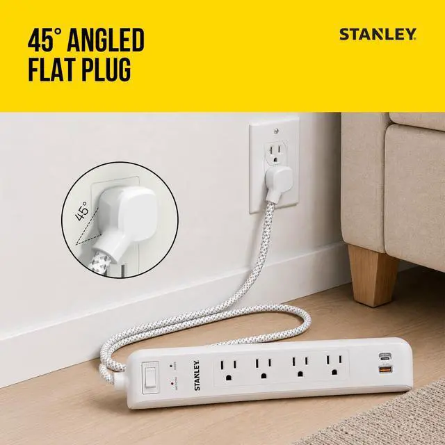 Alt view image 4 of 6 - Surgemax Surge Protector Power Strip 4 Grounded Outlets 1 USB-C 1 USB-A Ports 600 Joules Surge Protection 6 Ft Fabric Braided Cord AWG 14/3 125V/15A 1875W Circuit Breaker Cord White ETL Listed
