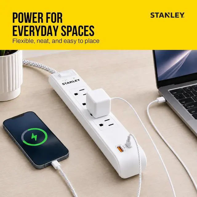 Alt view image 6 of 6 - Surgemax Surge Protector Power Strip 4 Grounded Outlets 1 USB-C 1 USB-A Ports 600 Joules Surge Protection 6 Ft Fabric Braided Cord AWG 14/3 125V/15A 1875W Circuit Breaker Cord White ETL Listed