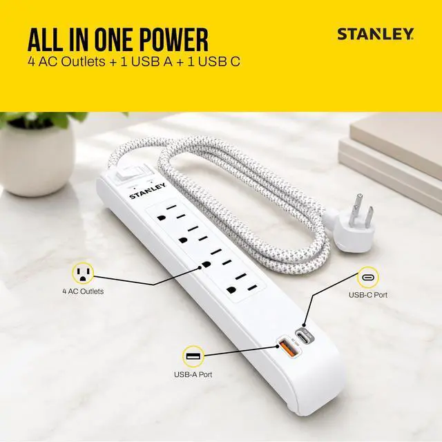 Alt view image 3 of 6 - Surgemax Surge Protector Power Strip 4 Grounded Outlets 1 USB-C 1 USB-A Ports 600 Joules Surge Protection 6 Ft Fabric Braided Cord AWG 14/3 125V/15A 1875W Circuit Breaker Cord White ETL Listed