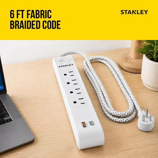 Alt view image 5 of 6 - Surgemax Surge Protector Power Strip 4 Grounded Outlets 1 USB-C 1 USB-A Ports 600 Joules Surge Protection 6 Ft Fabric Braided Cord AWG 14/3 125V/15A 1875W Circuit Breaker Cord White ETL Listed