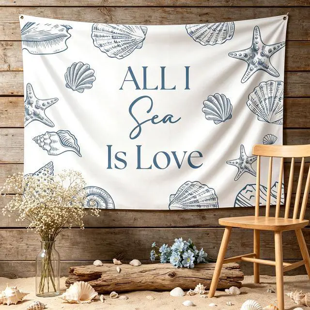Alt view image 6 of 7 - All I Sea is Love Backdrop Banner Beach Seashell Bridal Shower Decorations | Beach Wedding Decorations Coastal Bachelorette Party Supplies for Surf Summer Seaside Engagement Wedding Party 5x3ft