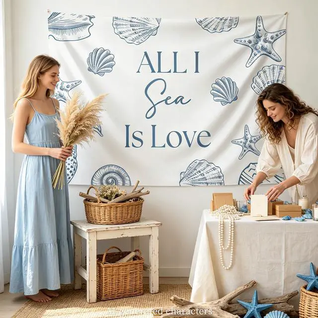 Alt view image 7 of 7 - All I Sea is Love Backdrop Banner Beach Seashell Bridal Shower Decorations | Beach Wedding Decorations Coastal Bachelorette Party Supplies for Surf Summer Seaside Engagement Wedding Party 5x3ft