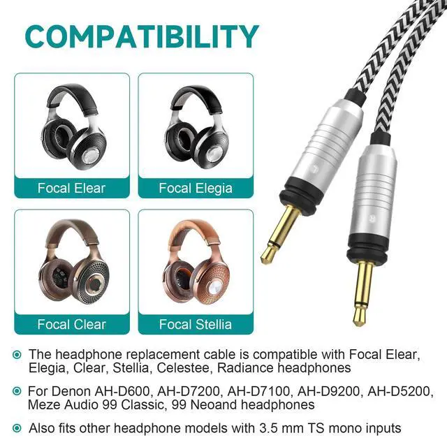 Alt view image 2 of 6 - Focal Replacement Cable Compatible with Focal Elear, Elegia, Elex, Clear, Clear MG, Celestee, Stellia, Radiance Headphones, Replacement Audio Cable with 6.35mm Adapter, 4ft
