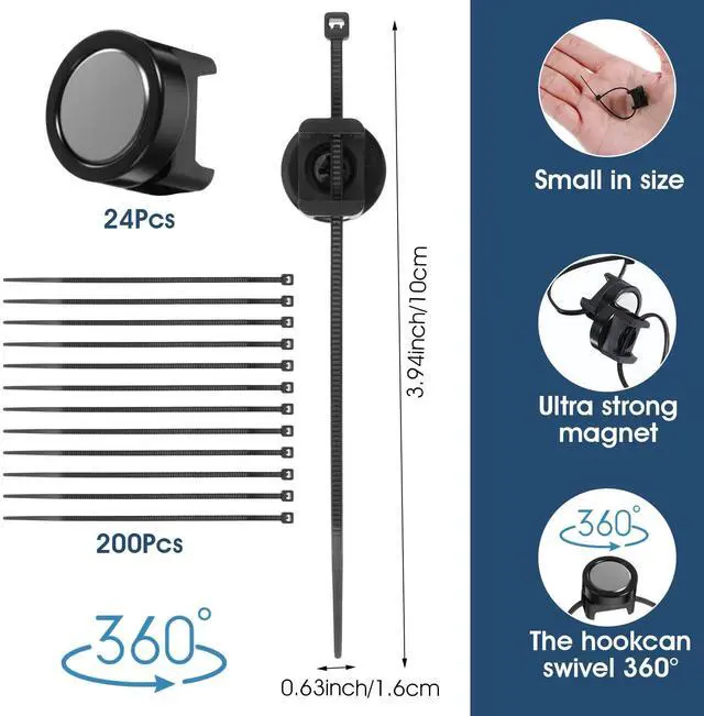 Alt view image 2 of 7 - 224 Pcs Magnetic Cable Zip Tie Mounts, 24 Neodymium Magnets with 200 Wire Ties, Heavy Duty Cable Management Bases, Multipurpose Organizer for Office, Home, Garage, Workshop, Car