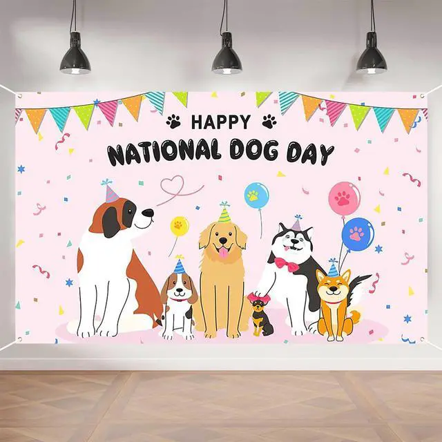 Main image of Happy National Dog Day Banner - 70.8x43.3in Pink Party Banner with Cute Dogs, Balloons & Confetti for Pet Celebrations