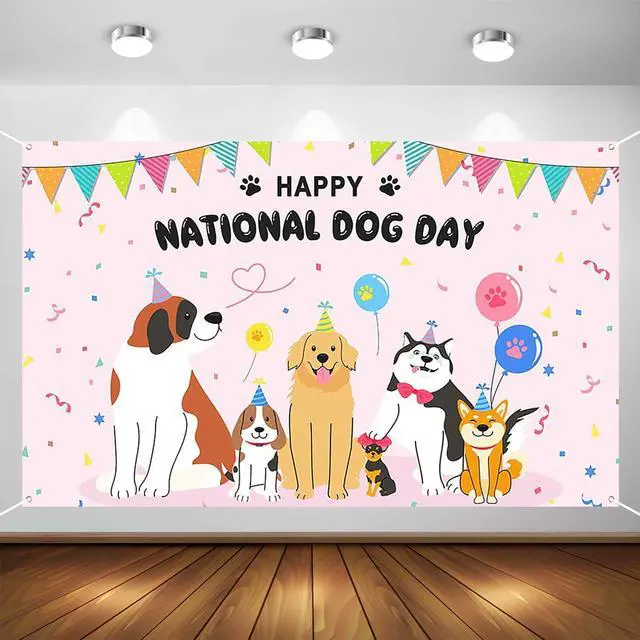 Alt view image 2 of 5 - Happy National Dog Day Banner - 70.8x43.3in Pink Party Banner with Cute Dogs, Balloons & Confetti for Pet Celebrations