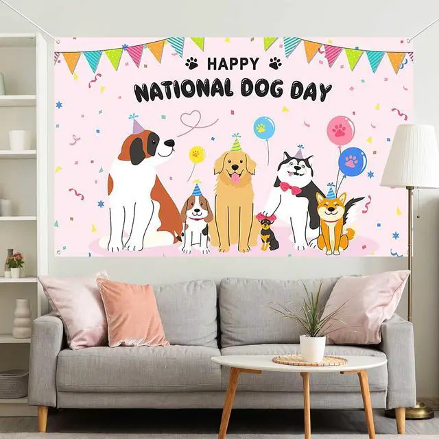 Alt view image 4 of 5 - Happy National Dog Day Banner - 70.8x43.3in Pink Party Banner with Cute Dogs, Balloons & Confetti for Pet Celebrations