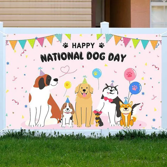 Alt view image 3 of 5 - Happy National Dog Day Banner - 70.8x43.3in Pink Party Banner with Cute Dogs, Balloons & Confetti for Pet Celebrations