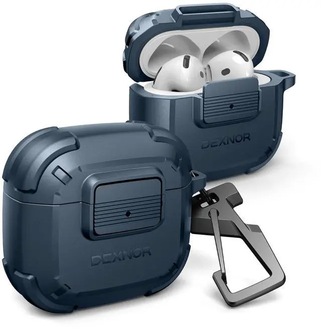 Main image of for AirPods 4 Case with Drop-Proof Lock, Shockproof Rugged Bumper Cases Protective Cover with Carabiner & Keyring & Cleaner Kit for AirPods 4th Generation 2024 Blue